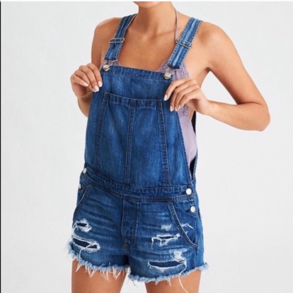 Distressed jean overall shorts